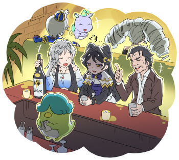 2boys 3girls :d amou_june bar_(place) bartender bird black_hair black_shirt bottle brown_jacket capelet character_request closed_eyes collared_shirt commentary_request counter crescent crescent_hair_ornament cup fang grey_hair hair_intakes hair_ornament hand_on_another&#039;s_shoulder highres holding holding_bottle holding_cup idol_time_pripara in-franchise_crossover index_finger_raised jacket jewelry king_of_prism kiratto_pri_chan long_hair long_sleeves luluna_(pri_chan) mascot multiple_boys multiple_girls murakami_hisashi necklace old old_man open_mouth pakku_(pripara) penguin_sensei pretty_rhythm pretty_rhythm_aurora_dream pretty_rhythm_rainbow_live pretty_series pripara sad shikyoin_hibiki shine_(pretty_series) shirt short_hair sitting smile tears translation_request upper_body white_capelet white_shirt yellow_eyes
