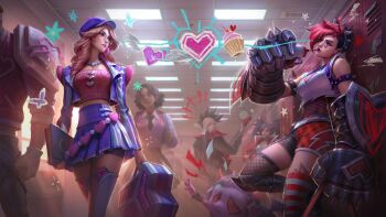 3boys 3girls against_wall alternate_costume american_football_uniform amumu armor artist_request bagpack belt black_hair blonde_hair blue_hair book boots bottle bracelet breasts caitlyn_(league_of_legends) character_request creature cupcake curls dark-skinned_female dark_skin drinking_straw facial_tattoo fishnets flirting food gauntlets gloves gradient_hair hair_ornament hallway hat heart heartache_vi heartthrob_caitlyn highres holding horns jewelry large_breasts league_of_legends lipstick locker long_hair looking_at_another looking_to_the_side makeup medium_breasts multicolored_hair multiple_boys multiple_girls necklace on_floor one_eye_covered one_leg_raised pearl_necklace punk_hair red_eyes rejection sad school school_uniform shield short_hair shorts skirt source_request spiked_bracelet spiked_gauntlets spiked_hair spiked_tiara spikes sportswear straw tattoo twintails vi_(league_of_legends) water_bottle yuri