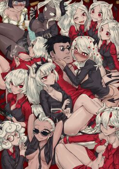 1boy 6+girls angel angel_girl animal_ear_fluff animal_ears azazel_(helltaker) bare_legs beelzebub_(helltaker) black_skin blue_eyes breasts cerberus_(helltaker) cigarette cleavage colored_skin dark-skinned_female dark_skin demon demon_girl demon_horns demon_tail dog_ears glasses glowing glowing_eyes handheld_game_console haraya_manawari harem heart heart-shaped_pupils helltaker helltaker_(character) highres horns judgement_(helltaker) justice_(helltaker) lucifer_(helltaker) malina_(helltaker) modeus_(helltaker) monster_girl multiple_girls nintendo nintendo_switch pale_skin pandemonica_(helltaker) panties pimp red_eyes slit_pupils smile sunglasses symbol-shaped_pupils tail thighs underwear very_dark_skin white_eyes white_hair wolf_ears zdrada_(helltaker)
