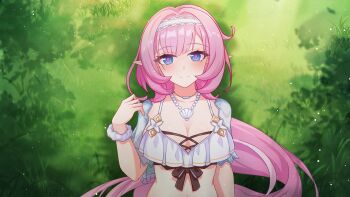 1girl absurdres bikini blue_eyes breasts chinese_commentary cleavage closed_mouth commentary_request elf elysia_(honkai_impact) elysia_(miss_pink_elf)_(honkai_impact) elysia_(summer_miss_elf)_(honkai_impact) hairband henjiwumei highres honkai_(series) honkai_impact_3rd jewelry large_breasts long_hair lying miyoushe_watermark necklace official_alternate_costume on_back on_grass pearl_necklace pink_hair pointy_ears shell shell_necklace smile solo stomach swimsuit upper_body watermark white_bikini white_hairband