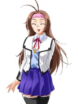 1girl antenna_hair black_thighhighs brown_hair closed_eyes game_cg gan-chan_(artist) headband hitozuma_sentai_aisaiger large_variant_set long_hair non-web_source official_art open_mouth ousaka_hikari school_uniform skirt smile solo thighhighs transparent_background variant_set zettai_ryouiki