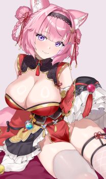 1girl absurdres animal_ears asymmetrical_legwear black_corset black_hairband blunt_bangs braid braided_hair_rings breasts china_dress chinese_clothes cleavage cleavage_cutout closed_mouth clothing_cutout commentary_request corset detached_sleeves double_bun dress fishnet_thighhighs fishnets frilled_sleeves frills grey_background groin hair_bun hair_intakes hair_rings hairband hakui_koyori hakui_koyori_(6th_costume) highres hololive large_breasts layered_sleeves legwear_garter long_sleeves looking_at_viewer pelvic_curtain pink_hair purple_eyes red_dress red_sleeves short_hair simple_background single_legwear_garter sitting sleeveless sleeveless_dress sleeves_past_fingers sleeves_past_wrists smile solo tassel thighhighs uneven_legwear virtual_youtuber white_thighhighs wolf_ears wolf_girl yumemori_jabara