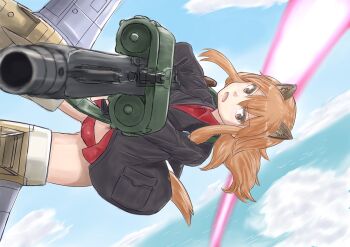 1girl animal_ears black_jacket blue_sky brown_eyes brown_hair cloud collared_shirt commentary_request day energy_blast fernandia_malvezzi flying foreshortening gluteal_fold gun jacket keyboardnoob long_hair looking_at_viewer machine_gun marmot_ears marmot_girl marmot_tail mg42 panties red_panties red_shirt shirt sky solo strike_witches striker_unit tail thighs translation_request underwear weapon world_witches_series
