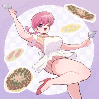 Rule 34 | 1girl, braid, braided ponytail, brown eyes, female focus, food, high heels, pink hair, ranma-chan, ranma 1/2, saotome ranma, tagme