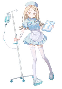1girl absurdres alternate_costume apron bandaid bandaid_on_arm blonde_hair blue_dress clipboard colored_eyelashes commentary_request dancho_(dancyo) dress earrings flipped_hair full_body gakuen_idolmaster garter_straps gradient_hair grey_hair hair_ornament hairclip hat highres holding holding_clipboard idolmaster intravenous_drip iv_stand jewelry long_hair looking_at_viewer multicolored_hair name_tag nurse nurse_cap orange_eyes parallel_hairclips parted_bangs puffy_short_sleeves puffy_sleeves shinosawa_hiro shoes short_dress short_sleeves simple_background solo standing stud_earrings thighhighs waist_apron white_apron white_background white_shoes white_thighhighs