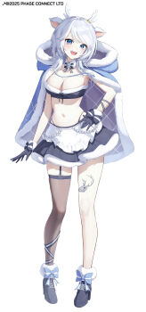 1girl absurdres animal_ears antlers black_bow black_bowtie black_gloves black_shoes black_skirt blue_bow blue_cape blue_eyes bow bowtie breasts cape cleavage commentary copyright_notice deer_antlers deer_ears deer_girl english_commentary footwear_bow fur-trimmed_cape fur-trimmed_skirt fur_trim gloves hakushika_iori highres hood hood_down hooded_cape horns kurimui2 leg_tattoo navel open_mouth phase_connect shadow shoes single_thighhigh skirt solo stomach tattoo thighhighs two-tone_bow two-tone_bowtie virtual_youtuber white_bow white_bowtie white_hair