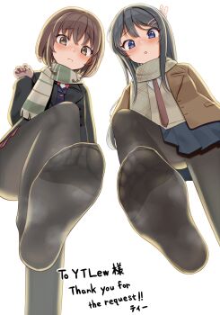 2girls azusagawa_kaede black_hair blue_eyes blush brown_eyes brown_hair feet highres long_hair looking_at_viewer medium multiple_girls pantyhose parted_lips sakurajima_mai scarf seishun_buta_yarou soles steam teaaaaa511 toes