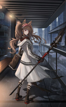1girl absurdres angelina_(arknights) animal_ears arknights bag black_bag black_collar black_shoes black_socks brown_hair building chinese_commentary coat collar commentary earpiece floating_hair fox_ears fox_girl from_behind full_body hairband highres holding holding_staff indoors infection_monitor_(arknights) jacket jiang_wu_(user_wewj7328) kneehighs long_hair looking_at_viewer messenger_bag night red_eyes red_hairband red_jacket reflection shoes shoulder_bag skyscraper sneakers socks solo staff striped_clothes striped_hairband train train_station twintails two-tone_hairband white_coat