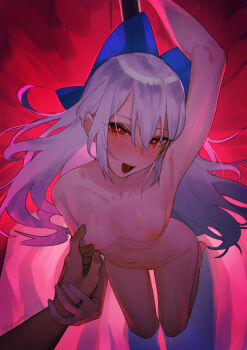 1boy 1girl arm_up armpits beijuu blush bow breasts girls&#039;_frontline hair_between_eyes hair_bow jewelry long_hair looking_at_viewer navel nipples nude open_mouth ornate_ring pov pov_hands red_eyes ring silver_hair small_breasts solo_focus tokarev_(girls&#039;_frontline) tongue tongue_out twitter_username wedding_ring