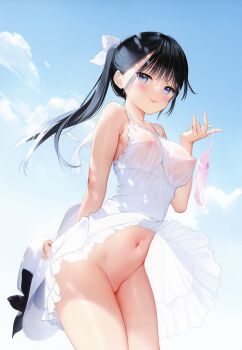 1girl :p absurdres arm_behind_back armpit_crease bar_censor bare_arms bare_shoulders black_hair blue_eyes blue_sky blush bow bow_panties breasts breasts_out censored closed_mouth clothes_lift clothes_pull cloud cloudy_sky collarbone contrapposto covered_erect_nipples cowboy_shot day dress dress_lift dress_pull groin hair_ribbon hat hat_ribbon highres holding holding_panties holding_underwear holding_unworn_clothes holding_unworn_hat legs_together long_hair looking_at_viewer medium_breasts mignon mole mole_on_cheek navel nipples no_bra no_panties nose_blush original outdoors panties pink_bow pink_panties ponytail pussy pussy_juice ribbon see-through_clothes sky smile solo spaghetti_strap standing stomach summer sundress sweat tongue tongue_out underwear unworn_hat unworn_headwear unworn_panties upskirt white_dress white_hat white_ribbon wind wind_lift