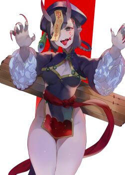 1girl absurdres bad_id bad_pixiv_id blood blood_on_face bob_cut breasts cleavage cowboy_shot fangs fate/grand_order fate_(series) fingernails frilled_sleeves frills groin hat highres long_fingernails looking_at_viewer medium_breasts no_panties oni open_mouth pelvic_curtain pointy_ears purple_eyes purple_hair shuten_douji_(fate) shuten_douji_(festival_outfit)_(fate) solo thighs tongue tongue_out uthy wide_sleeves