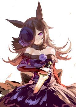 1girl animal_ears bare_shoulders black_hair closed_mouth dagger dress flower fur_collar hair_over_one_eye hat hat_flower highres holding holding_dagger holding_knife holding_weapon horse_ears horse_girl inishie_kumo knife long_hair looking_at_viewer off-shoulder_dress off_shoulder purple_dress purple_eyes purple_hat rice_shower_(rosy_dreams)_(umamusume) rice_shower_(umamusume) solo umamusume weapon