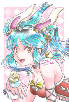 1girl 2025 :d animal_ears aononmi blue_hair bow bowtie breasts choker cleavage dated fake_animal_ears fang floating_hair hairband highres horns long_hair lum medium_breasts multicolored_hair open_mouth orange_eyes pointy_ears rabbit_ears signature smile solo star_(symbol) star_choker strapless upper_body urusei_yatsura white_hairband white_wrist_cuffs wrist_cuffs yellow_bow yellow_bowtie