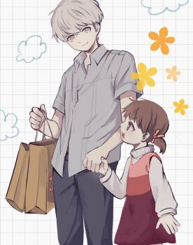 1boy 1girl :d age_difference bag black_pants bowl_cut bright_pupils brown_eyes brown_hair child collared_shirt cousins doujima_nanako drawn_cloud dress flower grey_eyes grey_hair grey_shirt grid_background hair_ribbon hair_tie highres holding holding_bag holding_hands long_sleeves looking_ahead looking_at_another mochizuruu multicolored_dress narukami_yu open_mouth pants persona persona_4 pink_dress pink_ribbon ponytail profile red_dress ribbon shirt shopping_bag short_hair short_ponytail short_sleeves smile standing striped_clothes striped_dress teeth untucked_shirt upper_teeth_only white_background white_pupils white_shirt
