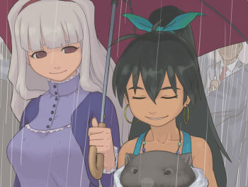 earrings ebinera closed_eyes ganaha_hibiki holding holding_umbrella hoop_earrings idolmaster idolmaster_(classic) jewelry rain shijou_takane smile umbrella wombat