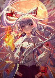 Rule 34 | 1girl, absurdres, arm strap, arua, bow, bug, butterfly, collared shirt, commentary request, cowboy shot, fire, floating hair, fujiwara no mokou, full moon, grey hair, hair bow, hand on own hip, highres, huge moon, insect, long hair, long sleeves, looking at viewer, moon, multiple hair bows, open mouth, outdoors, pants, puffy sleeves, red bow, red butterfly, red eyes, red pants, shirt, smile, solo, suspenders, touhou, very long hair, white bow, white shirt