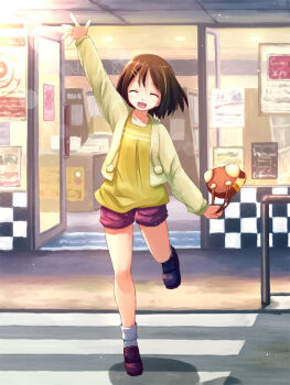 00s 1girl bag brown_hair casual closed_eyes female_focus full_body hair_ornament hairclip handbag hirasawa_yui k-on! open_mouth outdoors solo yakka