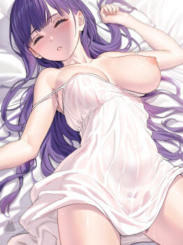 Rule 34 | 1girl, absurdres, blunt bangs, blush, breasts, camisole, cut bangs, dress, female pubic hair, fern (sousou no frieren), fingernails, highres, large breasts, long hair, lying, nipples, on back, parted lips, pubic hair, purple hair, signature, sinad aruatjanapat, sleeping, solo, sousou no frieren