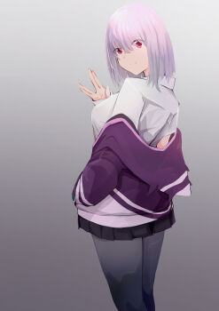 1girl a_(c3einycggcevevf) absurdres black_pantyhose black_skirt breasts closed_mouth collared_shirt commentary gradient_background gridman_universe highres jacket large_breasts looking_back off_shoulder pantyhose pleated_skirt purple_hair purple_jacket red_eyes shinjou_akane shirt short_hair simple_background skirt smile solo ssss.gridman v white_shirt