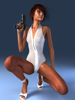 1girl 3d bare_shoulders brown_hair extended_magazine female_focus flat_chest gun handgun high_heels highres hiro3787 legs nipples on_one_knee one-piece_swimsuit open_shoes original photorealistic pistol realistic shoes short_hair solo squatting swimsuit weapon zipper
