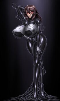 1girl absurdres black_background black_bodysuit bodysuit breasts corruption cosplay crossover curvy full_body highres huge_breasts living_clothes looking_at_viewer marvel mizuki_shiranui nipples open_mouth rikatsuky shiny_clothes shiny_skin smile solo spider-man_(series) standing symbiote taimanin_(series) taimanin_yukikaze venom_(marvel) venom_(marvel)_(cosplay) wide_hips