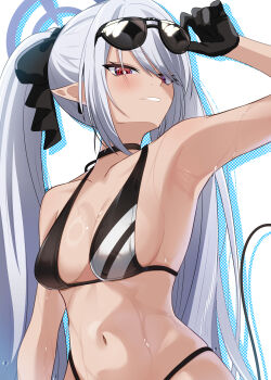 1girl absurdres bikini black_bikini black_choker black_ribbon blue_archive breasts choker commentary dark-skinned_female dark_skin demon_tail eyewear_on_head gloves grey_hair halo highres iori_(blue_archive) iori_(swimsuit)_(blue_archive) long_hair medium_breasts navel official_alternate_costume purple_halo red_eyes ribbon shiraae_quartet sideboob solo stomach sunglasses swimsuit symbol-only_commentary tail twintails wet
