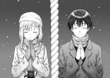 Rule 34 | 1boy, 1girl, asamura yuuta, ayase saki, beanie, brother and sister, brother and step-sister, closed eyes, closed mouth, coat, commentary request, facing viewer, gimai seikatsu, gloves, greyscale, hair ornament, hairclip, hat, hiten (hitenkei), long hair, long sleeves, monochrome, novel illustration, official art, own hands together, praying, rope, scarf, second-party source, short hair, siblings, side-by-side, snowing, split mouth, step-brother and step-sister, step-siblings, upper body, winter clothes
