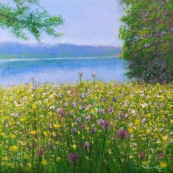 Rule 34 | acrylic paint (medium), commentary request, dated commentary, day, field, flower, flower field, keisirou, lake, landscape, no humans, original, outdoors, painting (medium), scenery, traditional media, tree