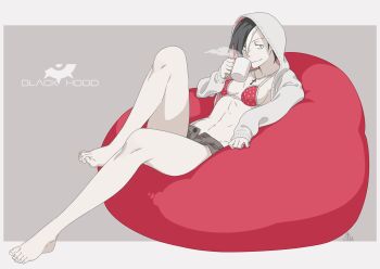 1girl barefoot bean_bag_chair commentary_request cross cross_necklace cup feet highres holding holding_cup hood hood_up iwado_anna jewelry kamezaemon mug necklace original short_hair solo steam toes