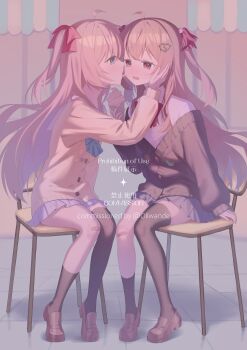 2girls absurdres ahoge asymmetrical_legwear bandaid bandaid_on_knee bandaid_on_leg blue_bow blue_eyes blue_skirt bow broken_heart broken_heart_hair_ornament brown_cardigan brown_hair brown_shoes brown_socks brown_thighhighs cardigan chair chi_yei collared_shirt commentary_request commission dress_shirt evil_neuro-sama hair_between_eyes hair_bow hair_ribbon heart highres licking loafers long_sleeves multiple_girls neuro-sama on_chair pleated_skirt puffy_long_sleeves puffy_sleeves red_bow red_eyes red_ribbon ribbon school_chair shirt shoes single_sock single_thighhigh skirt sleeves_past_wrists socks thighhighs tile_floor tiles tongue tongue_out two_side_up vedal_ai virtual_youtuber watermark white_shirt yuri