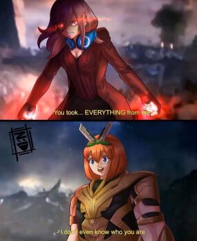 2girls avengers:_endgame avengers_(series) breasts brown_hair cosplay glowing glowing_eyes go-toubun_no_hanayome green_ribbon hair_over_one_eye headphones jacket marvel marvel medium_breasts multiple_girls muscular muscular_female nakano_miku nakano_yotsuba orange_hair parody red_jacket ribbon thanos thanos_(cosplay)