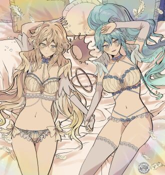 2girls absurdres angel_wings_hair_ornament arm_up beads blonde_hair blue_bra blue_eyes blue_hair blue_panties blush bow bow_panties bra braid breasts bridal_gauntlets bridal_lingerie choker commentary_request crown detached_sleeves ensemble_stars! feathers frilled_bra frilled_panties frills genderswap genderswap_(mtf) gloves hair_between_eyes half_up_braid hibiki_wataru high_ponytail highres holding_hands lace lace-trimmed_bra lace-trimmed_gloves lace-trimmed_panties lace-trimmed_thighhighs lace_trim lingerie long_braid long_hair looking_at_viewer lying medium_breasts multiple_girls navel on_back on_bed panties pillow ponytail purple_eyes sidelocks sparkle strap string_of_pearls tenshouin_eichi thighhighs tobari_meguru underwear very_long_hair watermark wavy_hair white_gloves yellow_bra yellow_panties yuri