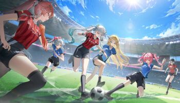 6+girls absurdres ball black_shorts black_socks blonde_hair blue_shirt blue_sky breasts carlotta_(wuthering_waves) cartethyia_(wuthering_waves) changli_(wuthering_waves) colored_extremities commentary_request crown_of_thorns day grey_hair hair_extensions hair_ornament hair_rings highres hisiya_(wldn1112) jinhsi_(wuthering_waves) logo long_hair lupa_(wuthering_waves) medium_breasts multiple_girls official_art outdoors pink_hair red_hands red_shirt ring_hair_extensions sanhua_(wuthering_waves) shirt shorts sky soccer soccer_ball soccer_uniform socks sportswear thighs twintails wuthering_waves