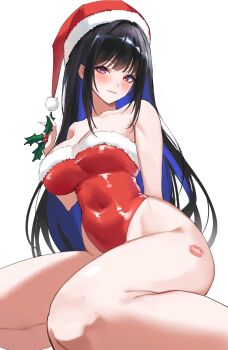 1girl absurdres arm_behind_back bare_shoulders black_hair blue_hair blush breasts closed_mouth collarbone commentary covered_navel hat highleg highleg_leotard highres hololive hololive_english large_breasts leotard lipstick_mark lipstick_mark_on_leg long_hair looking_at_viewer mistletoe mole mole_under_eye multicolored_hair nerissa_ravencroft purple_eyes red_leotard santa_hat santa_leotard simple_background sitting skin_tight solo symbol-only_commentary thighs two-tone_hair very_long_hair virtual_youtuber white_background yuiinn14563