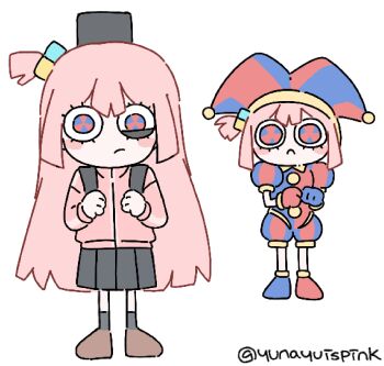 2girls :c asymmetrical_gloves blue_eyes blue_gloves blush_stickers bocchi_the_rock! cosplay cube_hair_ornament full_body gloves gotoh_hitori gotoh_hitori_(cosplay) hair_ornament hat highres instrument_case instrument_case_on_back jacket jester_cap looking_at_viewer mismatched_gloves multicolored_eyes multiple_girls pink_hair pink_jacket pleated_skirt pomni_(the_amazing_digital_circus) puffy_sleeves red_eyes red_gloves short_hair short_sleeves skirt standing striped_clothes striped_headwear the_amazing_digital_circus track_jacket twitter_username two-tone_eyes vertical-striped_clothes white_background yunayuispink