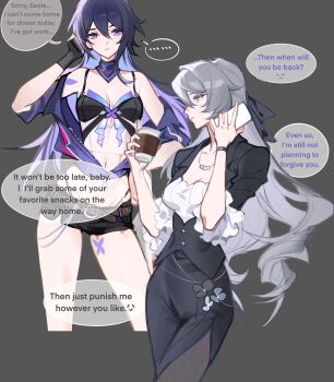 ... 2girls bag black_jacket black_pantyhose black_skirt blue_eyes blue_hair blue_jacket bronya_rand cellphone commentary cup gloves grey_eyes grey_hair half_updo hashtag-only_commentary highres holding holding_cup holding_phone honkai:_star_rail honkai_(series) jacket long_hair micro_shorts mie_xing multiple_girls navel pantyhose phone seele_(honkai:_star_rail) shorts single_glove skirt smartphone spoken_ellipsis spring_onion stomach very_long_hair