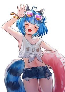 Rule 34 | :3, absurdres, adjusting eyewear, ahoge, alternate costume, animal ears, arm up, blue hair, blue shorts, blush, bracelet, chromashift, closed eyes, collarbone, commission, cowboy shot, denim, denim shorts, eyelashes, eyewear on head, fang, front-tie top, gold bracelet, hair ornament, hairclip, heart, heart-shaped eyewear, heart ahoge, highres, holding, holding swim ring, innertube, jewelry, lt26, midriff, navel, open mouth, poko rakun, raccoon ears, raccoon girl, raccoon tail, shirt, short shorts, shorts, skin fang, sleeveless, smile, sunglasses, swim ring, tail, tinted eyewear, torn clothes, torn shorts, transparent background, virtual youtuber, white-framed eyewear, white shirt