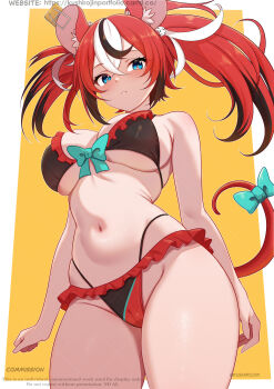 1girl alternate_breast_size_(larger) alternate_costume animal_ears aqua_bow artist_name bikini bikini_skirt black_bikini black_hair blue_eyes blush border bow bow_bikini breasts cameltoe commentary cowboy_shot dice_hair_ornament frilled_bikini frills groin hair_between_eyes hair_ornament hakos_baelz highleg highleg_bikini highres hololive hololive_english kushiro_jin large_breasts long_hair looking_at_viewer mouse_ears mouse_girl mouse_tail multicolored_hair navel parted_lips red_hair solo standing stomach streaked_hair swimsuit tail tail_bow tail_ornament twintails uneven_twintails variant_set virtual_youtuber white_border white_hair