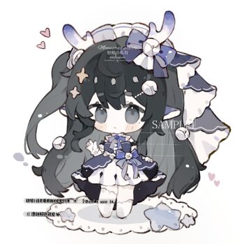 1girl antlers asymmetrical_legwear black_hair black_veil blue_bow blue_bowtie blue_dress blush_stickers bow bowtie chibi chibi_only closed_mouth double-parted_bangs dress full_body gloves grey_eyes hair_bow hand_up highres horns long_hair maid_headdress original pointy_ears sample_watermark sidelocks simple_background single_sock single_thighhigh socks solo standing thick_eyebrows thighhighs uneven_legwear veil very_long_hair watermark white_background white_gloves white_socks white_thighhighs zhixiao