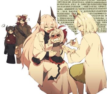 1boy ambience_synesthesia arknights character_request clenched_teeth clinic closed_eyes crying demon_tail dress eyepatch gloves hoederer_(arknights) horns ines_(arknights) ines_(melodic_flutter)_(arknights) kal&#039;tsit_(arknights) lab_coat lari_lab multiple_girls needle pointy_ears shoes speech_bubble streaming_tears tail tears teeth theresa_(arknights) w_(arknights)