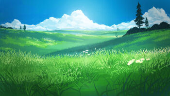 blue_sky cloud commentary day flower grass highres landscape meadow no_humans original outdoors pakanowaguma scenery sky tree white_flower