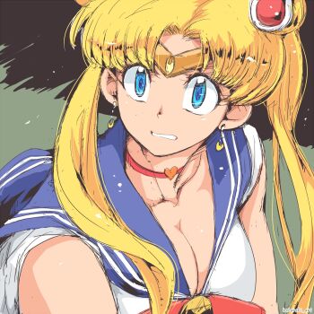 1girl bishoujo_senshi_sailor_moon bishoujo_senshi_sailor_moon_s blonde_hair blue_eyes blue_sailor_collar breasts choker cleavage clenched_teeth collarbone commentary_request crescent crescent_earrings derivative_work double_bun earrings facial_mark forehead_mark gem hair_bun hataraki_ari heart heart_choker highres jewelry large_breasts long_hair meme parted_bangs red_choker sailor_collar sailor_moon sailor_moon_redraw_challenge_(meme) sailor_senshi_uniform screenshot_redraw solo tears teeth tsukino_usagi twintails upper_body