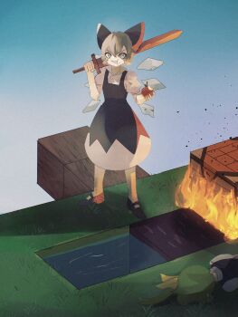 2girls absurdres apple blue_bow blue_eyes blue_hair bow cirno daiyousei dress fire food fruit grass hair_bow highres minecraft multiple_girls naufaldreamer shirt skyblock sword touhou weapon white_shirt you're_doing_it_wrong