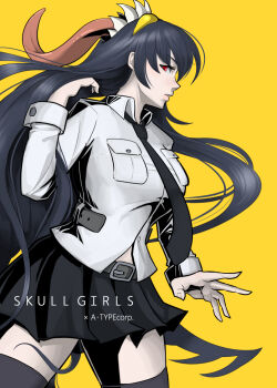 Rule 34 | 1girl, artist name, black hair, black necktie, black thighhighs, breasts, commentary request, copyright name, cowboy shot, extra mouth, filia (skullgirls), hand in own hair, large breasts, lips, long hair, long tongue, matsu (a-type corp), miniskirt, necktie, pink lips, pleated skirt, red eyes, sharp teeth, skirt, skullgirls, solo, teeth, thighhighs, tongue, very long hair, yellow background, zettai ryouiki