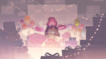 Rule 34 | 1girl, absurdres, balloon, black gloves, black shrug, blue eyes, box, breasts, candle, character doll, chinese commentary, cleavage, commentary request, commission, corset, doll, elysia (honkai impact), elysia (miss pink elf) (honkai impact), gift, gift box, gloves, hair ornament, happy birthday, highres, honkai (series), honkai impact 3rd, large breasts, long hair, middot207, pink hair, shrug (clothing), single glove, solo, very long hair, white corset