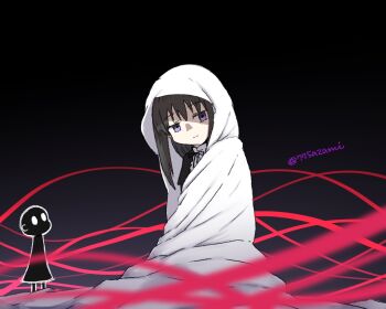 Rule 34 | 2girls, 775azami, akemi homura, akemi homura (black dress), black background, black capelet, black dress, black hair, blank eyes, blanket, capelet, commentary, covering with blanket, dress, frilled capelet, frills, frown, gradient background, hashtag-only commentary, kneeling, long hair, mahou shoujo madoka magica, mahou shoujo madoka magica: hangyaku no monogatari, mahou shoujo madoka magica magia exedra, multiple girls, namae (magia exedra), no mouth, purple eyes, shirt under dress, silhouette, twitter username