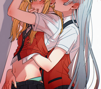 2girls blonde_hair blue_panties blush clothes_lift collared_shirt commentary_request dogbrooo ear_blush film_grain grey_hair hand_on_another's_face highres hyakkaou_academy_school_uniform kakegurui long_hair momobami_ririka multiple_girls navel panties red_vest saotome_mary school_uniform shirt shirt_lift underwear vest white_shirt yellow_eyes yuri