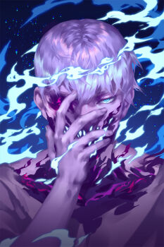 1boy blue_background blue_eyes blue_fire brown_shirt commentary covering_face english_commentary fire hand_over_face hand_up highres injury looking_at_viewer lydialing_draws male_focus missing_eye one-eyed original purple_hair sanpaku shirt short_hair solo straight-on tsurime upper_body