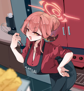 1girl absurdres aru_(blue_archive) billmors black_pants blue_archive breasts cleavage cosplay demon_girl demon_horns food halo helltaker highres horns indoors kitchen large_breasts leaning_forward lucifer_(helltaker) lucifer_(helltaker)_(cosplay) oven pants red_hair red_shirt refrigerator shirt smile solo yellow_eyes