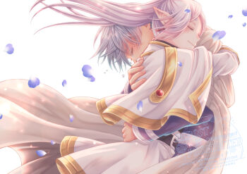 1boy 1girl belt belt_buckle black_belt blue_hair blue_jacket blue_petals buckle capelet cloak closed_eyes couple crying earrings elf falling_petals frieren gold_trim grey_hair hair_between_eyes hetero himmel_(sousou_no_frieren) hug jacket jewelry kisaragiyuri light_smile long_hair parted_bangs petals pointy_ears short_hair skirt sousou_no_frieren tears twintails upper_body white_background white_capelet white_cloak white_skirt
